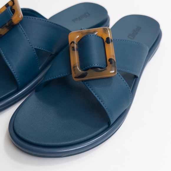 Olukai La'i Slide Sandals Women 8 Blue Tortoise Buckle Comfort Slip-On 31473-00 - Picture 2 of 16